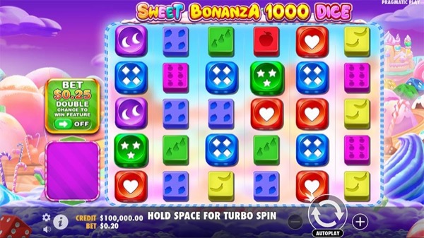 Arte oficial de la tragamonedas Sweet Bonanza 1000 Dice de Pragmatic Play, con dados brillantes de colores