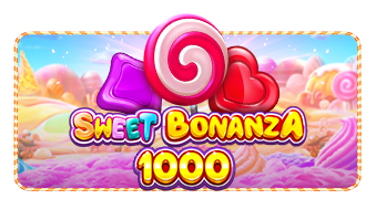 Arte oficial de la tragamonedas Sweet Bonanza 1000 de Pragmatic Play, con dulces y paletas sobre un fondo pastel