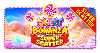 Arte oficial de la tragamonedas Sweet Bonanza Super Scatter de Pragmatic Play, con dulces y un símbolo scatter dorado