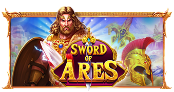 Arte oficial de la tragamonedas Sword of Ares de Pragmatic Play, con el dios griego Ares y espada en llamas