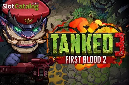 Arte oficial de la tragamonedas Tanked 3 First Blood 2 de Nolimit City, con personajes de clanes enfrentados en un campo de batalla expansivo