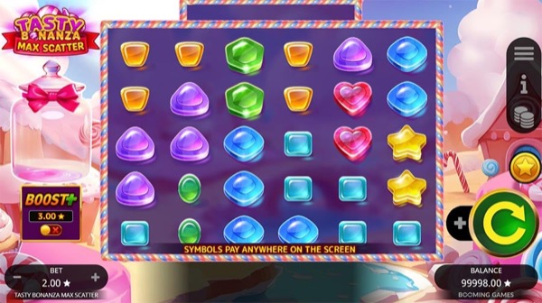 Arte oficial de la tragamonedas Tasty Bonanza Max Scatter de BoomingGames, con dulces y frascos de mermelada