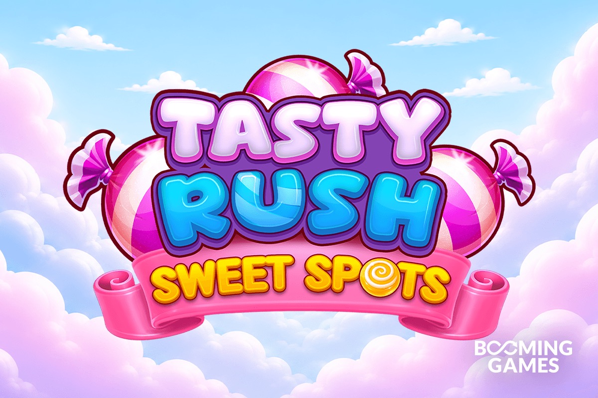 Pantalla de la tragamonedas Tasty Rush Sweet Spots de BoomingGames, con montañas de dulces y paletas sobre una cuadrícula de 7x7