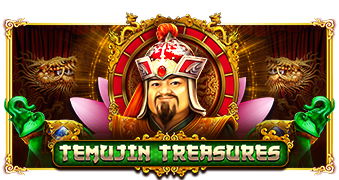 Pantalla principal de la tragamonedas Temujin Treasures, con símbolos dorados de estilo mongol y Temujin como personaje principal