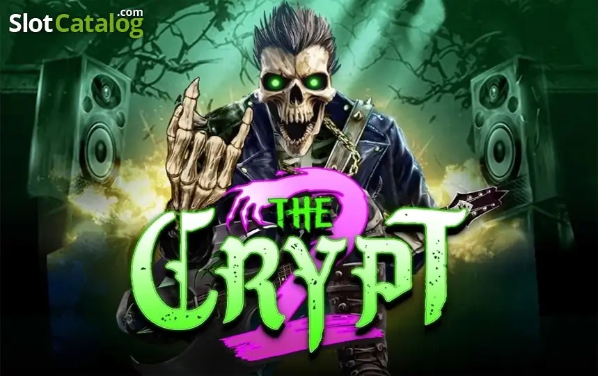 Arte oficial de la tragamonedas The Crypt 2 de Nolimit City, con rockeros no-muertos y escenario de cripta en penumbra