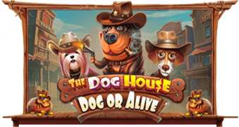Arte oficial de la tragamonedas The Dog House Dog or Alive de Pragmatic Play, con perros en un escenario del viejo oeste