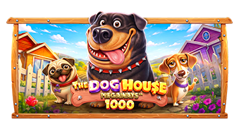 Arte oficial de la tragamonedas The Dog House Megaways 1000 de Pragmatic Play, con perros y cuadrícula Megaways