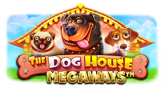 Arte oficial de la tragamonedas The Dog House Megaways de Pragmatic Play, con perros caricaturescos y cuadrícula Megaways