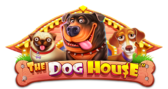 Arte oficial de la tragamonedas The Dog House de Pragmatic Play, con perros caricaturescos en un patio
