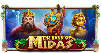 Arte oficial de la tragamonedas The Hand of Midas de Pragmatic Play, con el Rey Midas y un templo dorado