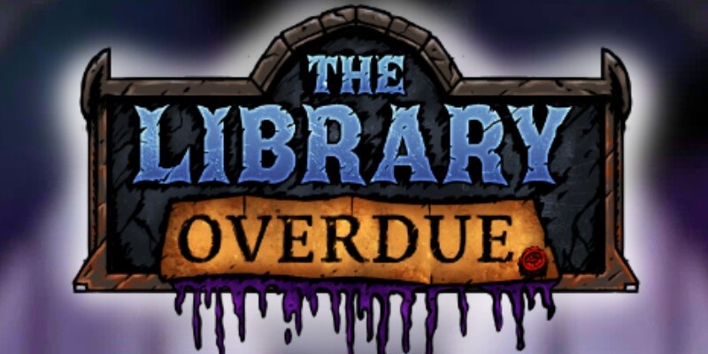 Arte oficial de la tragamonedas The Library Overdue de Kitsune Studios, con una biblioteca oscura habitada por sombras y autores siniestros