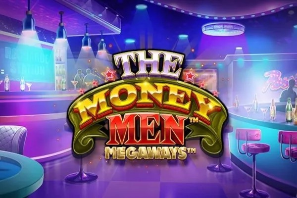 Pantalla de la tragamonedas The Money Men Megaways de Pragmatic Play, con símbolos de lujo urbano, cadenas de oro y un fondo de calle nocturna neón