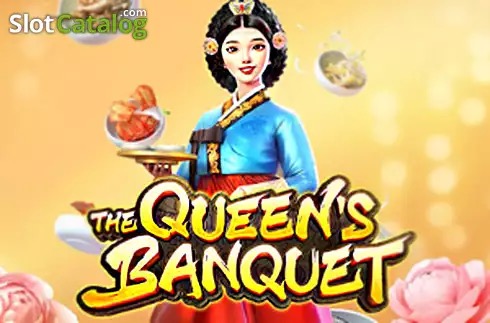 Arte oficial de la tragamonedas The Queen's Banquet de PG Soft, con la Reina como símbolo Wild sobre la mesa de banquete real