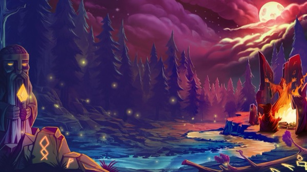 Pantalla de la tragamonedas The Runemakers DoubleMax de Yggdrasil, con runas mágicas y un escenario de bosque nórdico sombrío