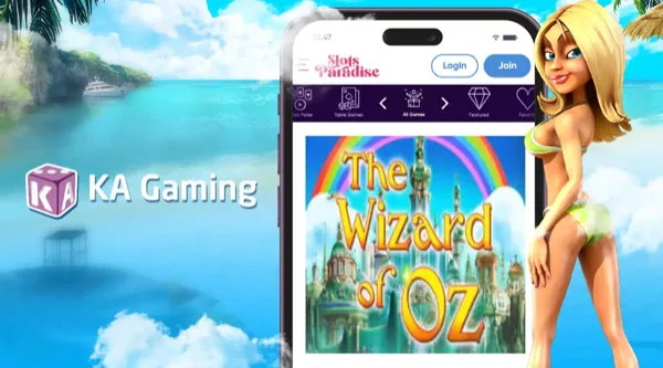 Pantalla de la tragamonedas The Wizard of Oz de KA Gaming, con camino de baldosas amarillas y símbolos de cuento de hadas