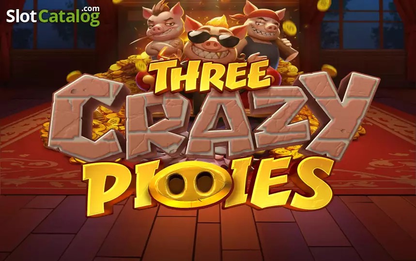 Pantalla de la tragamonedas Three Crazy Piggies de PG Soft, con tres cerditos armados frente a una cabaña de madera y un lobo