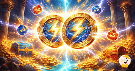 Cuadrícula ampliada de Thunder Coins XXL Multicoin con símbolos de monedas y rayos eléctricos
