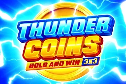 Pantalla de la tragamonedas Thunder Coins de Playson, con símbolos de fruta, campanas y sietes dorados sobre fondo de tormenta