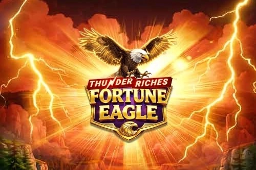 Pantalla de la tragamonedas Thunder Riches: Fortune Eagle V94, con un águila entre rayos y símbolos de fortuna dorados