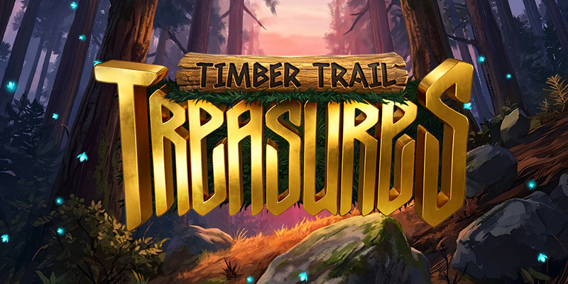 Arte oficial de la tragamonedas Timber Trail Treasures de Yggdrasil, con un leñador y animales del bosque entre símbolos de madera tallada