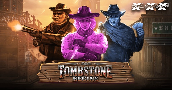 Arte oficial de la tragamonedas Tombstone Begins de Nolimit City, con pistoleros en la frontera sin ley