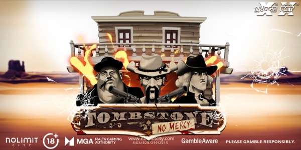 Arte oficial de la tragamonedas Tombstone: No Mercy de Nolimit City, con pistoleros forajidos en el viejo oeste