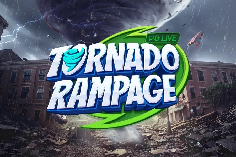 Pantalla de la tragamonedas Tornado Rampage de PG Soft, con un diseño de rodillos circular y un tornado animado de fondo