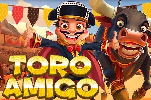 Pantalla de la tragamonedas Toro Amigo de KA Gaming, con un toro de temática taurina y símbolos de la fiesta brava sobre los rodillos