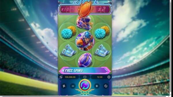 Arte oficial de la tragamonedas Touchdown Wins de PG Soft, con temática de fútbol americano y estadio iluminado