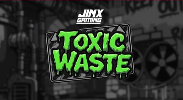 Arte oficial de la tragamonedas Toxic Waste, desarrollada por Jinx Gaming y publicada por Hacksaw Gaming, con temática de laboratorio tóxico neón