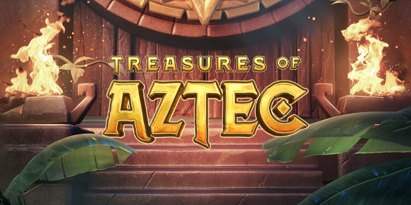 Pantalla de la tragamonedas Treasures of Aztec de PG Soft, con un templo azteca en cascada de símbolos dorados