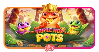 Arte oficial de la tragamonedas Triple Hop Pots de Pragmatic Play, con ranas de colores y ollas junto a un estanque de estilo chino