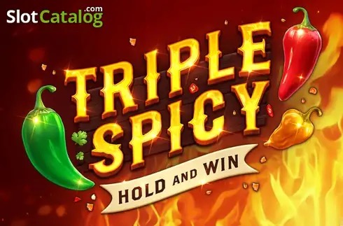 Arte oficial de la tragamonedas Triple Spicy Hold and Win de Kalamba Games, con chiles rojos, amarillos y verdes sobre un mercado colorido