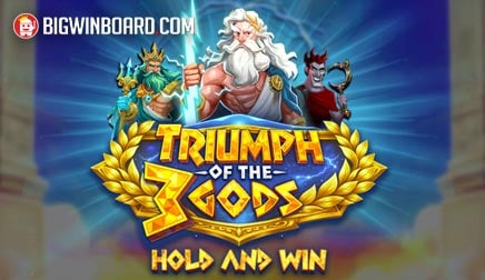 Arte oficial de la tragamonedas Triumph Of The 3 Gods, con los tres dioses griegos Zeus, Hades y Poseidon sobre la cuadrícula de monedas
