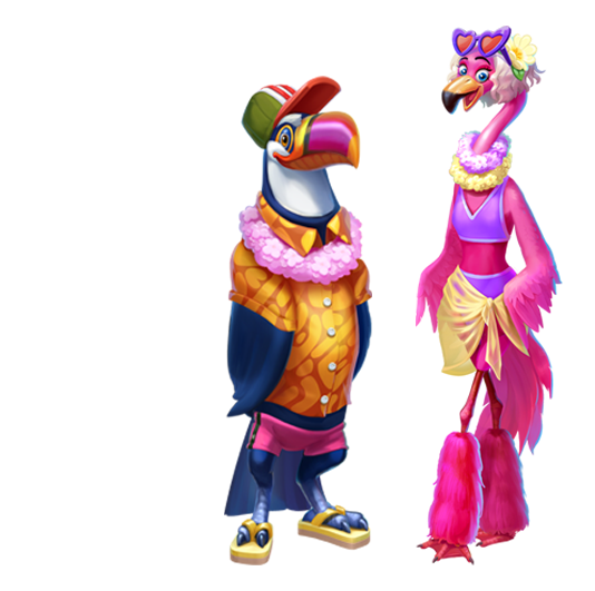 Arte oficial de Tropicool 4, de ELK Studios, con los personajes Tony Toucan y Fiona Flamingo en un escenario que mezcla alberca tropical y nevada