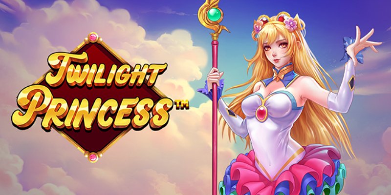 Arte oficial de la tragamonedas Twilight Princess de Pragmatic Play, con una hechicera rubia de estética manga bajo un cielo azul celeste