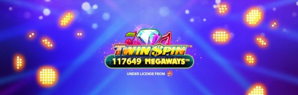 Arte oficial de la tragamonedas Twin Spin Megaways de NetEnt, con máquina clásica de neón estilo Vegas y rodillos Megaways