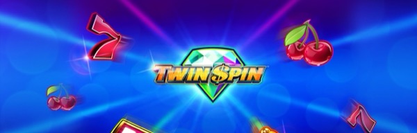 Arte oficial de la tragamonedas Twin Spin de NetEnt, con símbolos clásicos de Las Vegas y rodillos sincronizados