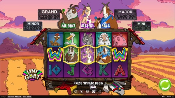 Arte oficial de la tragamonedas Unigoat de Play'n GO, con tres cabras fusionándose en un unicornio-cabra superhéroe