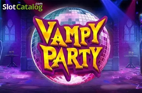 Arte oficial de la tragamonedas Vampy Party de Pragmatic Play, con vampiros góticos de fiesta, cócteles y discos de vinil bajo luz de antro