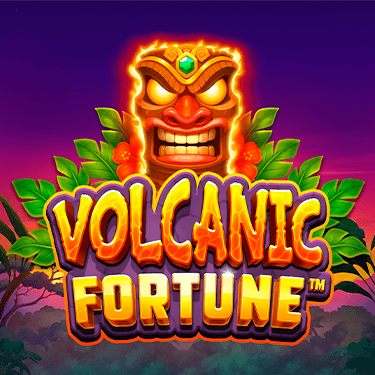 Arte oficial de la tragamonedas Volcanic Fortune de Snowborn Games, con un volcán en erupción sobre un paisaje tropical