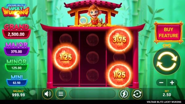 Captura oficial de la tragamonedas Voltage Blitz Lucky Wukong de Koala Games, con el Rey Mono sobre una cuadrícula eléctrica 3x3