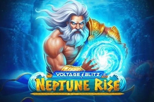 Arte oficial de la tragamonedas Voltage Blitz Neptune Rise de Koala Games, con Neptuno y tesoros submarinos entre gemas y símbolos eléctricos