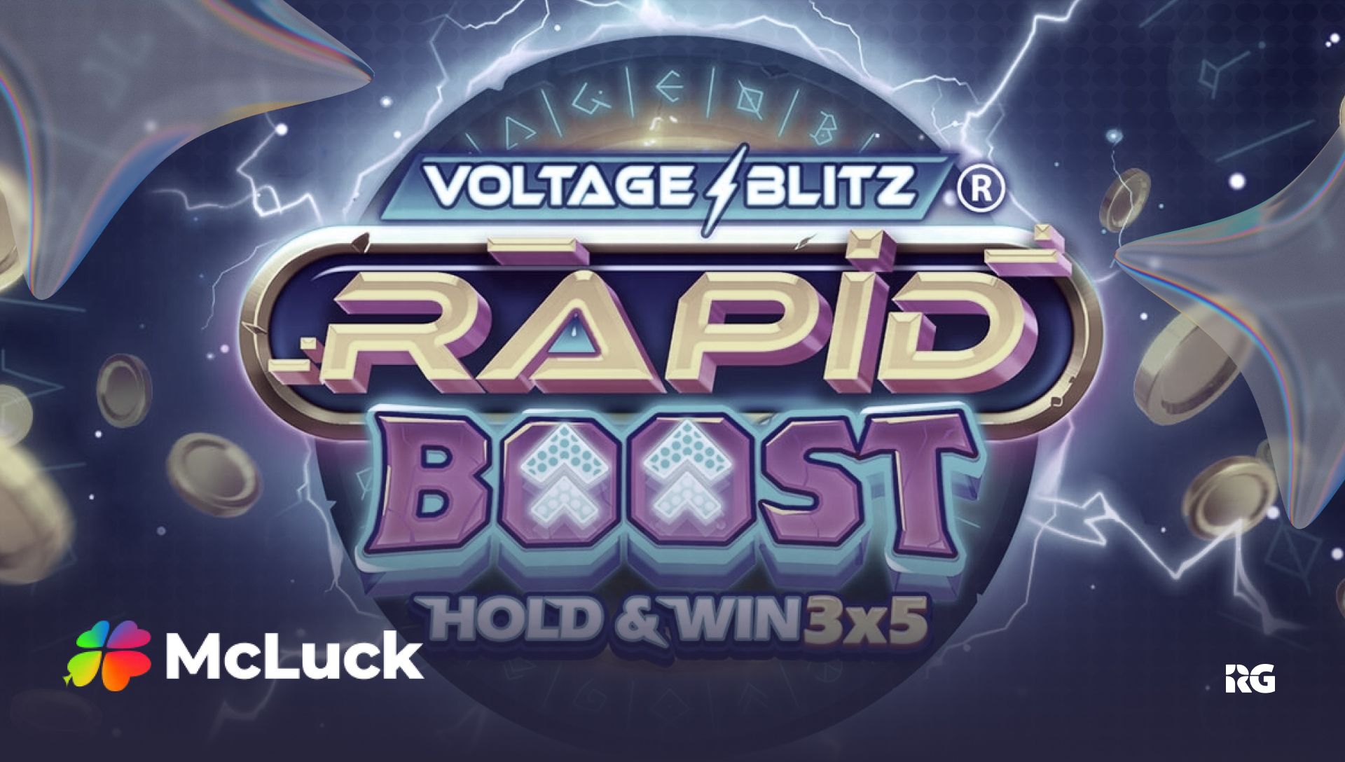 Captura de pantalla de la tragamonedas Voltage Blitz Rapid Boost de Koala Games, con símbolos eléctricos y temática espacial