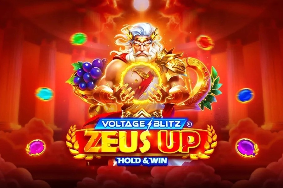 Panel 3x3 de la tragamonedas Voltage Blitz Zeus Up de Koala Games, con orbes de voltaje y temática de Zeus