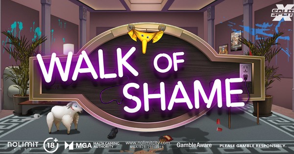 Arte oficial de Walk of Shame de Nolimit City, mostrando la escena de cruda cómica después de la fiesta en casa del personaje Mr. E