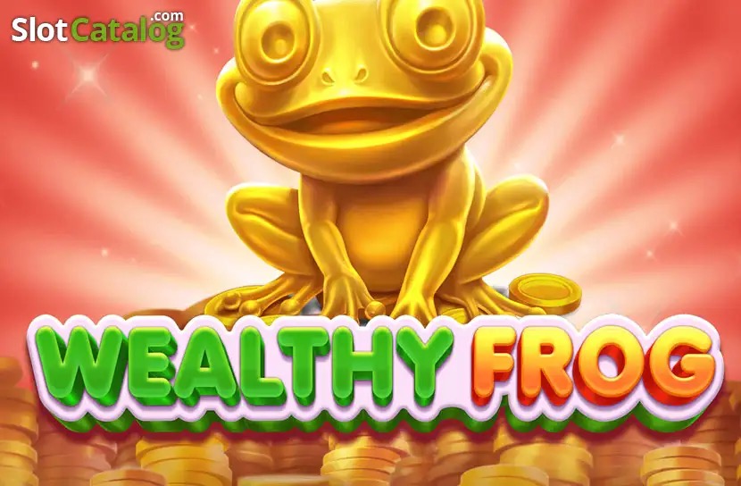 Arte oficial de la tragamonedas Wealthy Frog, con la rana dorada Jin Chan, frutas clásicas y diamantes sobre fondo asiático de la fortuna
