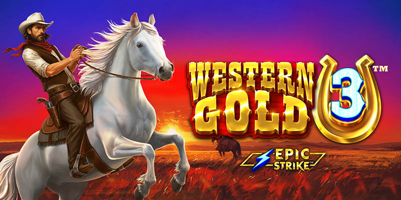 Arte oficial de la tragamonedas Western Gold 3 de Just For The Win, con cañones polvorientos, herraduras y atardecer rojizo sobre una cuadrícula 5x4