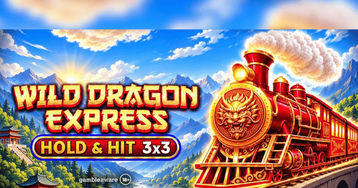 Arte oficial de la tragamonedas Wild Dragon Express - Hold & Hit 3x3 de Spinomenal, con un tren dorado y un dragón sobre una cuadrícula 3x3