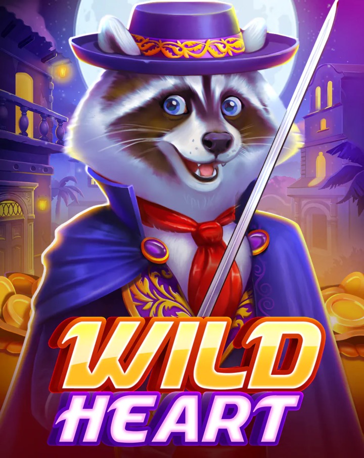 Mapache con espada y antifaz estilo Zorro en la pantalla de la tragamonedas Wild Heart de BGaming
